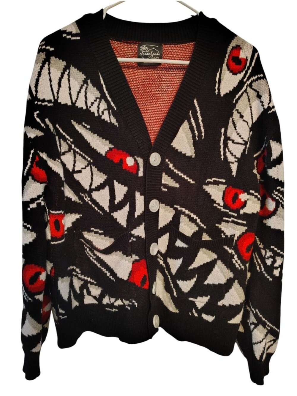 Steady Hands Cardigan Sweater Red Eyes Sharp Teeth Halloween Small/Medium Spooky
